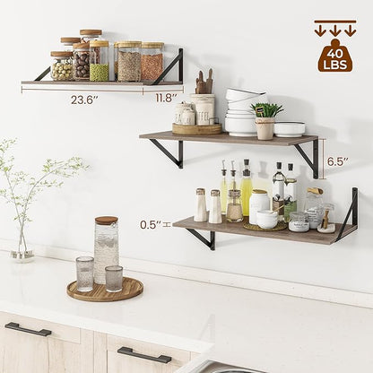 Heimlove 24" W x 12" D Wall Shelves for Books, 12 Inch Deep Floating Shelves Set of 3, Wide Floating Bookshelf with Metal Bracket for Living Room, Kitchen, Office, Bedroom and Decor Storage - Grey