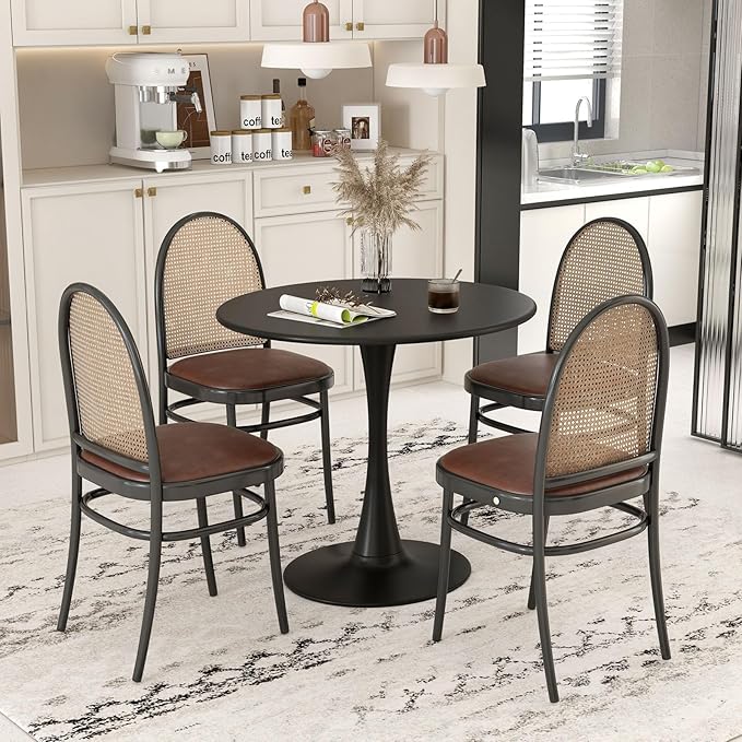 Byroce White Round Dining Table, Glossy Tulip Kitchen Table for 2-4, 32 Inch Coffee Side Table w/Sturdy Metal Pedestal Base, Modern Leisure Table for Small Space, Living Room, Office & Patio (Black)