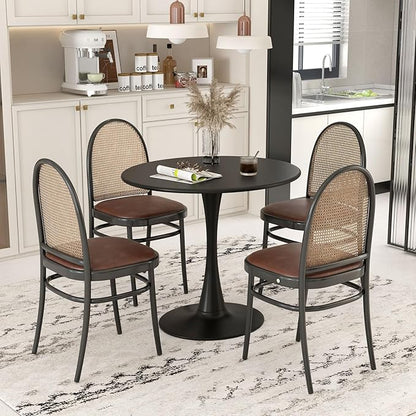 Byroce White Round Dining Table, Glossy Tulip Kitchen Table for 2-4, 32 Inch Coffee Side Table w/Sturdy Metal Pedestal Base, Modern Leisure Table for Small Space, Living Room, Office & Patio (Black)