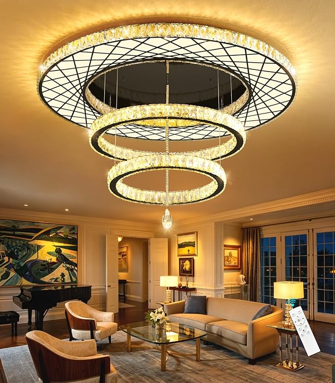 HAIXIANG Crystal Glam Chandelier LED Ceiling Light Living Room Lighting Fixtures Remote Dimmable Ceiling Chandeliers 40 Inches Large Light Black