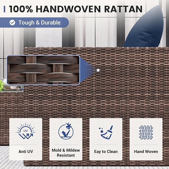 UDPATIO 5 Piece Patio Furniture Set, All-Weather Wicker Outdoor Sectional Sofa,Rattan L Shaped Outdoor Conversation Patio Sectional with Ottoman, Glass Table for Balcony Porch Backyard,Navy Blue