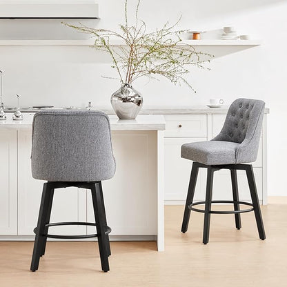 KISLOT Swivel Counter Height Bar Stools Set of 4, 26" Upholstered Fabric Barstools with Back, Thick Seat and Square Solid Wood Legs for Kitchen Island Home Bar, Grey