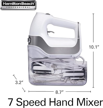 Hamilton Beach Professional 7-Speed Digital Electric Hand Mixer with High-Performance DC Motor, Slow Start, Snap-On Storage Case, SoftScrape Beaters, Whisk, Dough Hooks, White (62656)