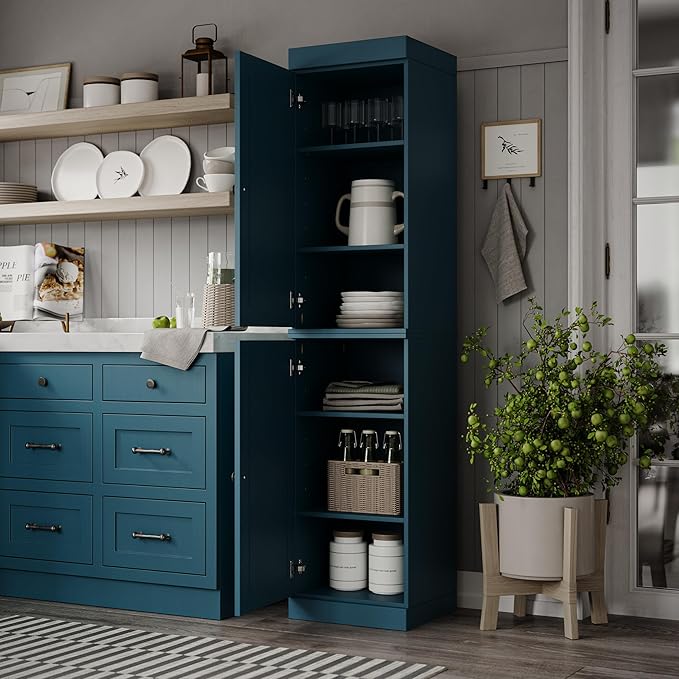 Palace Imports Solid Wood Pantry Cabinet - Tall Narrow Storage Cabinet with Raised Panel Doors - 16.5" W x 71.5" H - Teal Blue, Kitchen Cupboard, Adjustable Shelves, 100% Eco-Friendly Wood, Modular