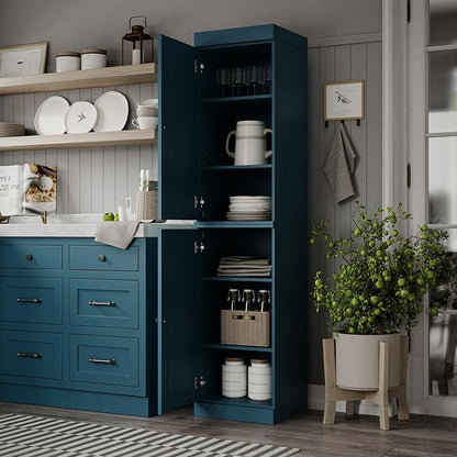 Palace Imports Solid Wood Pantry Cabinet - Tall Narrow Storage Cabinet with Raised Panel Doors - 16.5" W x 71.5" H - Teal Blue, Kitchen Cupboard, Adjustable Shelves, 100% Eco-Friendly Wood, Modular