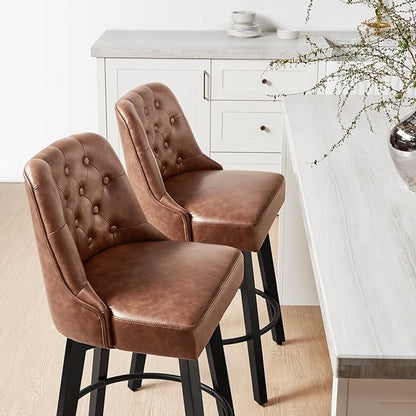 KISLOT Swivel Counter Height Bar Stools Set of 4, 26" Upholstered Faux Leather Barstools with Back,Thick Seat and Square Solid Wood Legs for Kitchen Island Home Bar, Brown