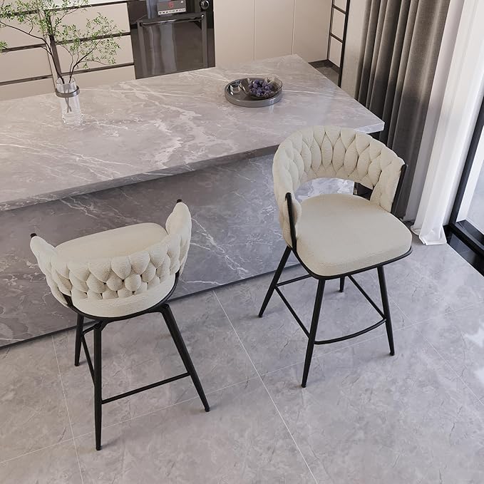 26" Bar Chair Linen Woven Bar Stool Set of 2,Black Legs Bar stools No Adjustable Kitchen Island Chairs,360 Swivel Bar Stools Upholstered Bar Chair Counter Stool Arm Chairs with Back Footrest (White)