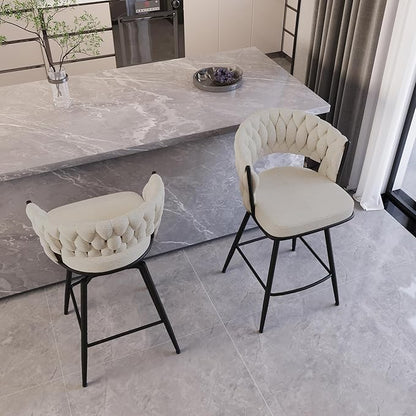 26" Bar Chair Linen Woven Bar Stool Set of 2,Black Legs Bar stools No Adjustable Kitchen Island Chairs,360 Swivel Bar Stools Upholstered Bar Chair Counter Stool Arm Chairs with Back Footrest (White)