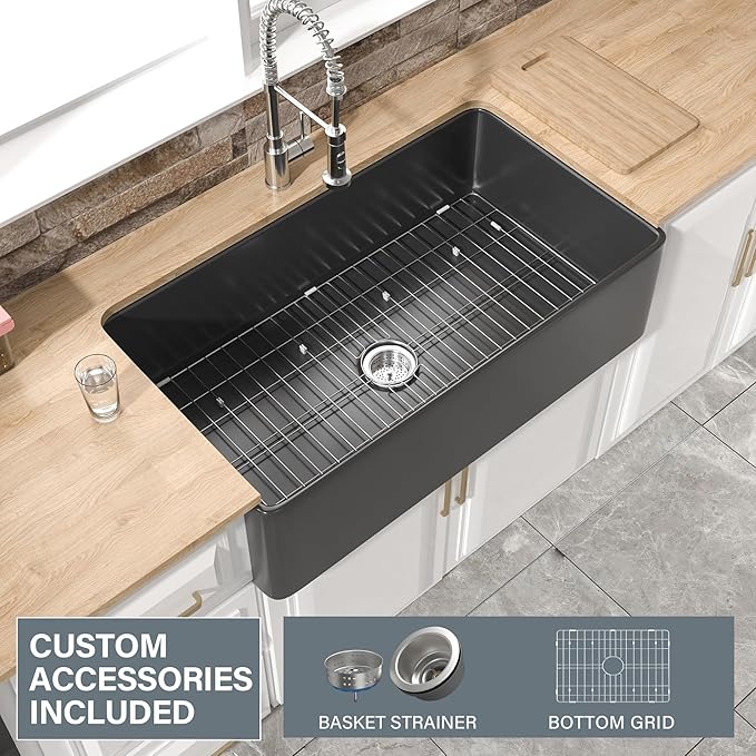 Extra Large Black Farmhouse Sink 36 x 20 Inch, Firecaly Apron Front Undermount Farm Sink Deep Single Bowl for Kitchen, w Accessories 2 Types, Fits MIN. Cabinet Size: 24"Dx39"W