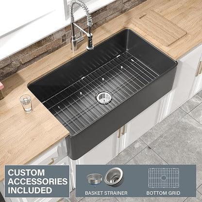 Extra Large Black Farmhouse Sink 36 x 20 Inch, Firecaly Apron Front Undermount Farm Sink Deep Single Bowl for Kitchen, w Accessories 2 Types, Fits MIN. Cabinet Size: 24"Dx39"W