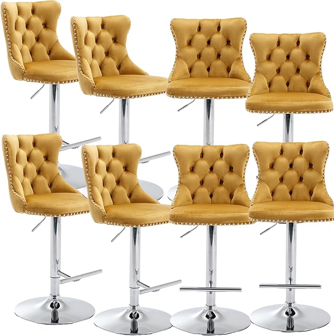 Rhomtree Velvet Swivel Bar Stools Upholstered Bar Stool with Button Tufted Back and Pull Ring Height Adjustable Barstools 25-33 Inch for Home Pub and Kitchen Island (Gold with Silver Base, Set of 8)