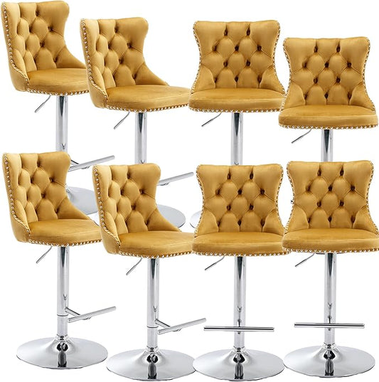 Rhomtree Velvet Swivel Bar Stools Upholstered Bar Stool with Button Tufted Back and Pull Ring Height Adjustable Barstools 25-33 Inch for Home Pub and Kitchen Island (Gold with Silver Base, Set of 8)