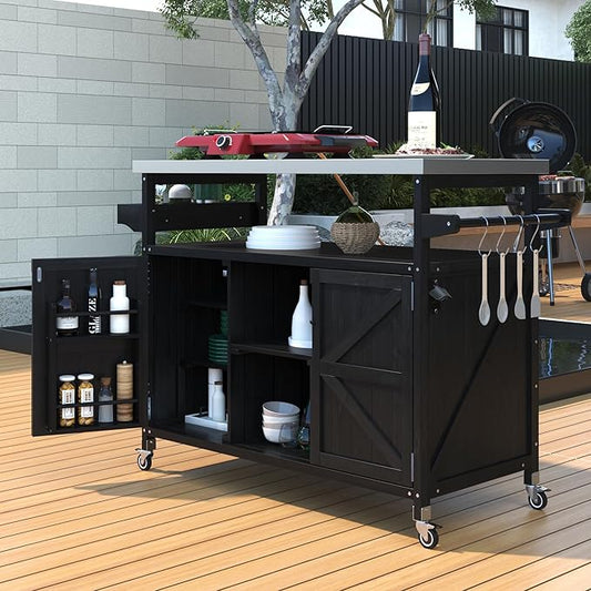 Modern Dining Table Outdoor Kitchen Island with Cabinet, Rolling Bar Cart, Farmhouse Solid Wood Grill Table with Stainless Steel Top, Spice Rack, Towel Rack for Kitchen Dining Room Tables,Blac