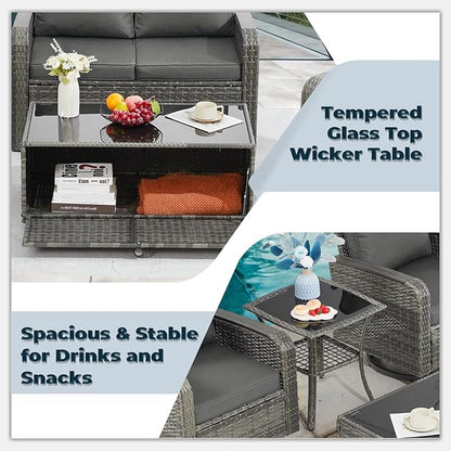 5 Pieces Outdoor Furniture Set with Swivel Chairs, Wicker Patio Furniture Sets for Porch Deck Bistro Lawn Garden Backyard Poolside-Grey