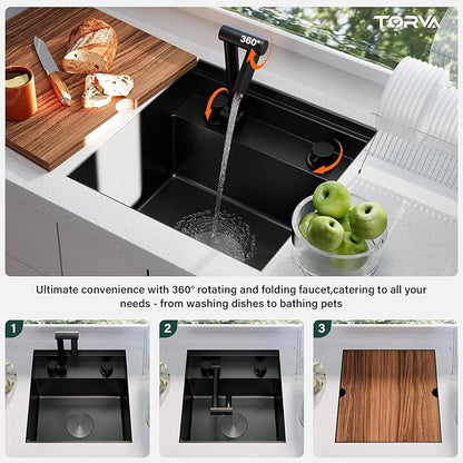 TORVA RV Kitchen Sink, 16 x 17 x 9 Inch Undermount Bar Sink 16 Gauge Stainless Steel Single Bowl Workstation Sink with Faucet Cutting Board, Dark Grey