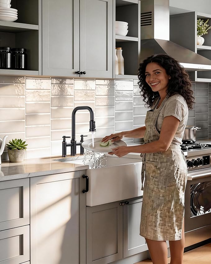 Bridge Faucet for Kitchen Sink Bronze: 3 Hole Solid Brass Farmhouse Kitchen Faucet with Pull Down Sprayer, 2 Handle 8 Inch Centerset High Arched Faucet with 360° Swivel Spout, Oil Rubbed Bronze