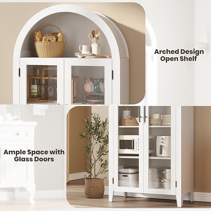 IDEALHOUSE Arched Kitchen Pantry Storage Cabinet - Farmhouse 5-Tier Display Shelf with 2 Large Glass Doors and Adjustable Shelf, Versatile Cupboard for Kitchen, Dining Room, Living Room, White