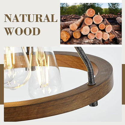 Retro Industrial Flush Mount Ceiling Light Fixture with Wood Circle Shade 3-Light Rustic Black Ceiling Light for Hallyway Entryway Bedroom Kitchen Sink
