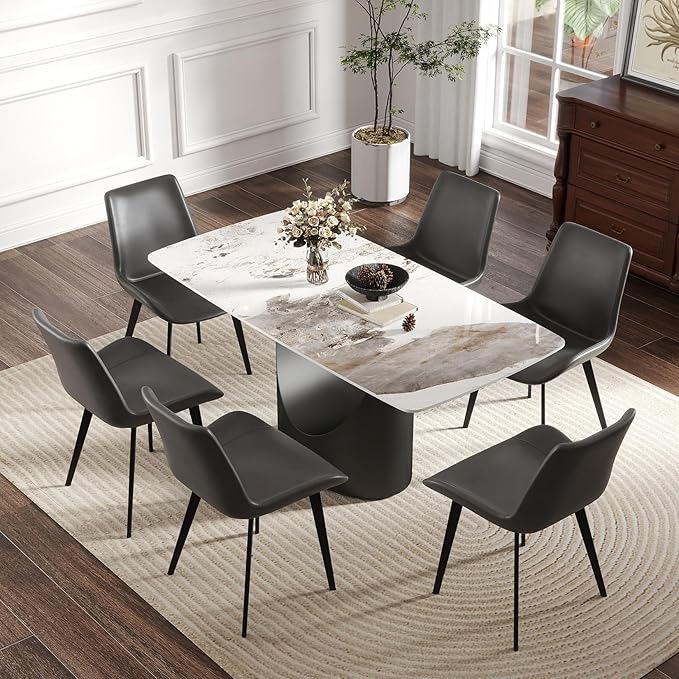 Large Sintered Stone Dining Table 63 Inch, Minimalist Rectangle Kitchen Table with Durable 12mm Top, Anti-Scratch Metal Base, Multifunctional Conference Desk for Dining Room