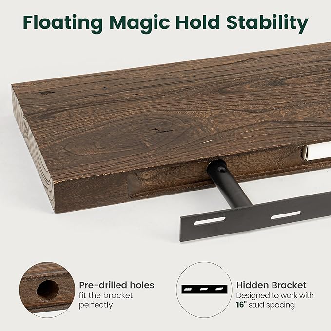 72 Inch Live Edge Floating Shelves, 8 Inch Deep Solid Elm Wood Wall Shelf, Heavy-Duty Wall Mounted Shelf with Invisible Brackets for Living Room, Bathroom, Kitchen, Set of 1, Walnut Color