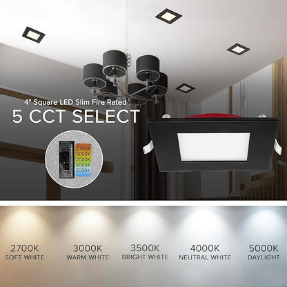 Maxxima 4 in. 2 Hour Fire Rated Ultra Thin Square Black LED Downlight, Slim Recessed Canless Light, IC Rated, 800 Lumens, 5 Color Temperature Selectable 2700K/3000K/3500K/4000K/5000K, Dimmable