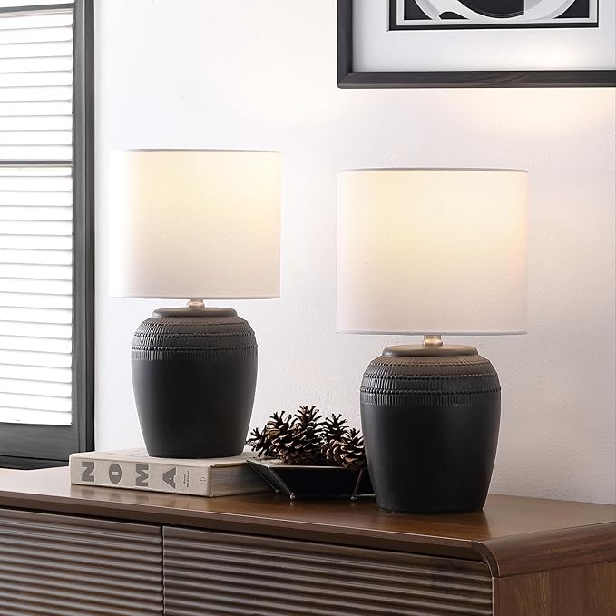 JONATHAN Y 16.75" Black/Nickel Ceramic Table Lamp Set of 2, Rustic Traditional Reeded Vase Lamps with White Linen Shade for Bedroom Living Room Decor JYL5707A-SET2