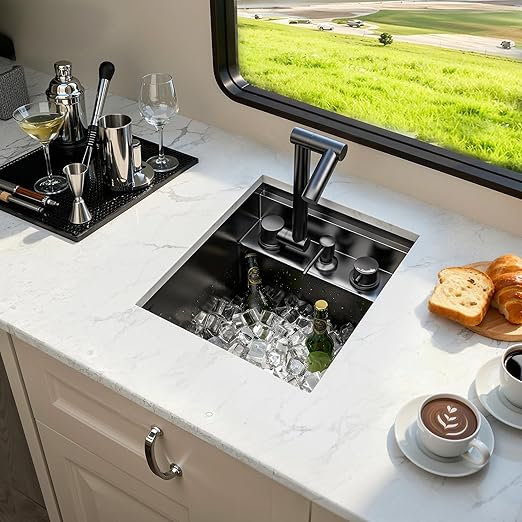 YITAHOME RV Kitchen Black Sink 13 x 15 x 9 Inch, Undermount Gunmetal Black Stainless Steel Single Bowl Small Sink with Swivel Spout, Cutting Board, Soap Dispenser