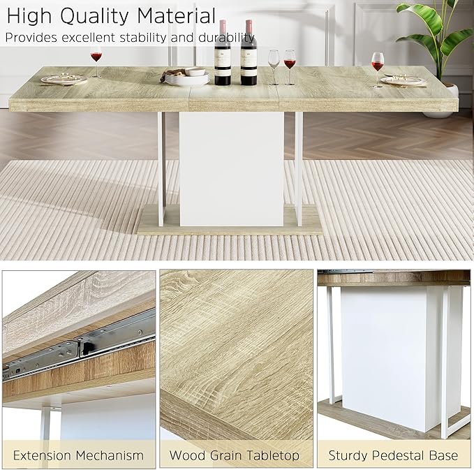 78.74" Wooden Extendable Dining Table for 8-10 People, Modern Farmhouse Expandable Kitchen Table with White Pedestal Base, Long Large Rectangular Extendable Kitchen Dining Room Table, Light Oak