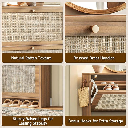 Nicetree Shoe Cabinet Storage for Entryway, 4-Flip Drawer Narrow Shoe Rack, Organic Modern Rattan Shoe Organizer with Gold Legs, Shoe Organizer Fits Men's Size 13.5, Toasted Caramel Walnut