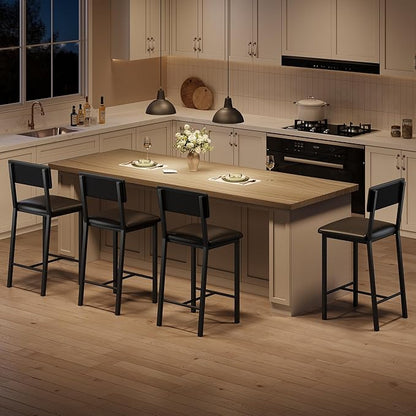 GarveeHome Bar Stools Set of 4 w/Soft Back and Upholstered Seat, 24.8 Inches Counter Height Barstools with Footrest & Thickened Metal Legs, for Kitchen Island, Bar, Black