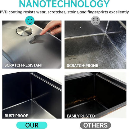 30 Inch Drop in Kitchen Sink Undermount Stainless Steel Kitchen Sinks,16 Gauge Top Mount Single Bowl Workstation Sink,Deep Handmade Kitchen Sink with Cutting Board & Strainer,Nano-coating,Black