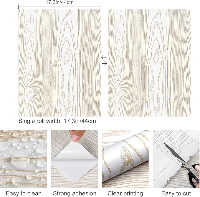 Yun-aeon White and Gold Wood Contact Paper 17.3"x400" Rustic Wooden Peel and Stick Wallpaper Removable Self-Adhesive Wallpaper Wood Grain Contact Paper for Countertops Cabinets