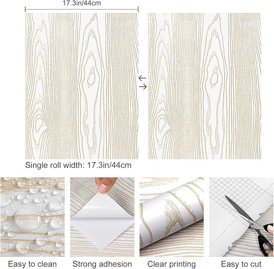 Yun-aeon White and Gold Wood Contact Paper 17.3"x400" Rustic Wooden Peel and Stick Wallpaper Removable Self-Adhesive Wallpaper Wood Grain Contact Paper for Countertops Cabinets