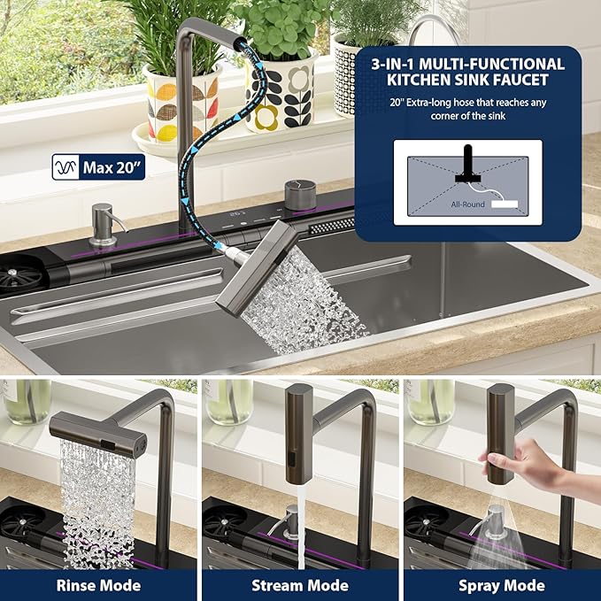 Lordear Drop In Kitchen Sink, 33 inch Waterfall Sink 16 Gauge Stainless Steel, Above Counter Smart Kitchen Sinks, Single Bowl with Integrated Faucet for High-Efficiency Cleaning