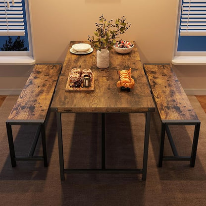 CABIHOME Dining Table Set for 4 with 2 Benches, Kitchen Table Set for 4-6 with Corner Protector, Dining Table and 2 Benches with H-Shaped Frame for Small Space, Kitchen, Apartment，Rustic Brown