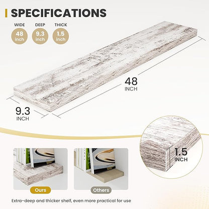 Acovy 48 Inch Floating Shelves, 9.3" Deep Floating Shelf Wall Mounted, 48" Wall Shelves, Rustic Deep Bookshelf, Large Display Shelves & Storage Shelves for Bedroom, Living Room, Rustic, Set of 2