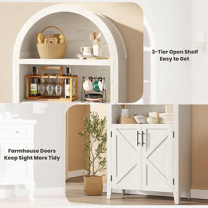 IDEALHOUSE Arched Kitchen Pantry Cabinet with Doors - 5-Tier Open Display Shelf with Nice Texture, Farmhouse Storage Cabinet for Kitchen, Dining Room, Living Room, White