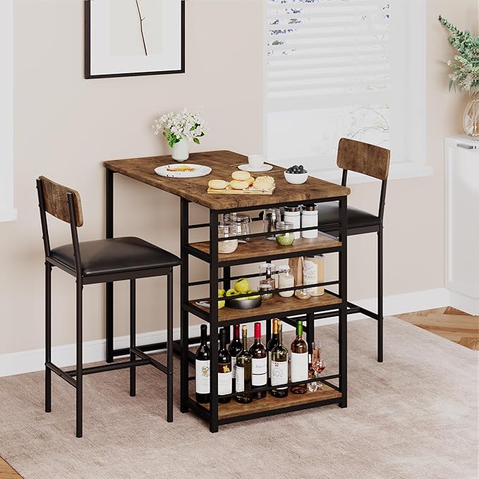 TrailBlaze Space-Saving 3-Piece Dining Table Set for 2 with 3 Storage Shelves, Upholstered Chairs - Ideal for Small Apartments, Breakfast Nook - Rustic Brown - Classic Color - 1+2 Set