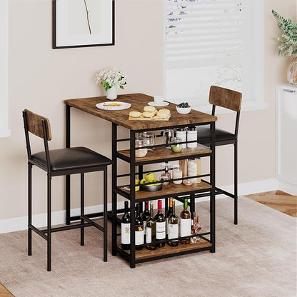 TrailBlaze Space-Saving 3-Piece Dining Table Set for 2 with 3 Storage Shelves, Upholstered Chairs - Ideal for Small Apartments, Breakfast Nook - Rustic Brown - Classic Color - 1+2 Set