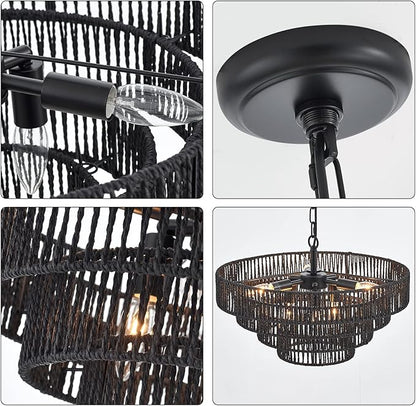 20” Hand-Woven Rattan Chandelier 6-Lights Transitional Minimalist 4 Round Boho Large Pendant Light for Kitchen Island Dining Room Living Room Hallway, Matte Black, UL Listed