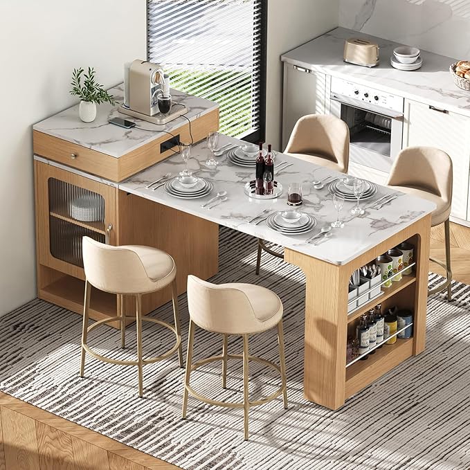 Domesto 59.5" Kitchen Island with Extendable Dining Table,Kitchen Storage Table with Double-Sided Storage, Kitchens Island with 2 Drawers, Power Outlet, Side Open Shelves (Naturl)
