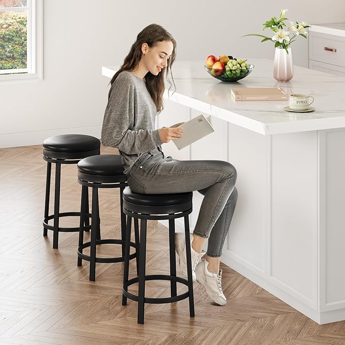 GAOMON 24 inch Swivel Bar Stools Set of 4, Counter Height Barstool with Footrest and PU Leather Upholstery, Metal Frame, Kitchen Barstools for Kitchen Island, Home Bar, Black