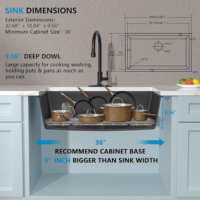 33 Granite Composite Kitchen Sink - Fulorni 33"×19" Granite Kitchen Sink Undermount Matte Black Quartz Classic Under Counter Single Bowl Basin