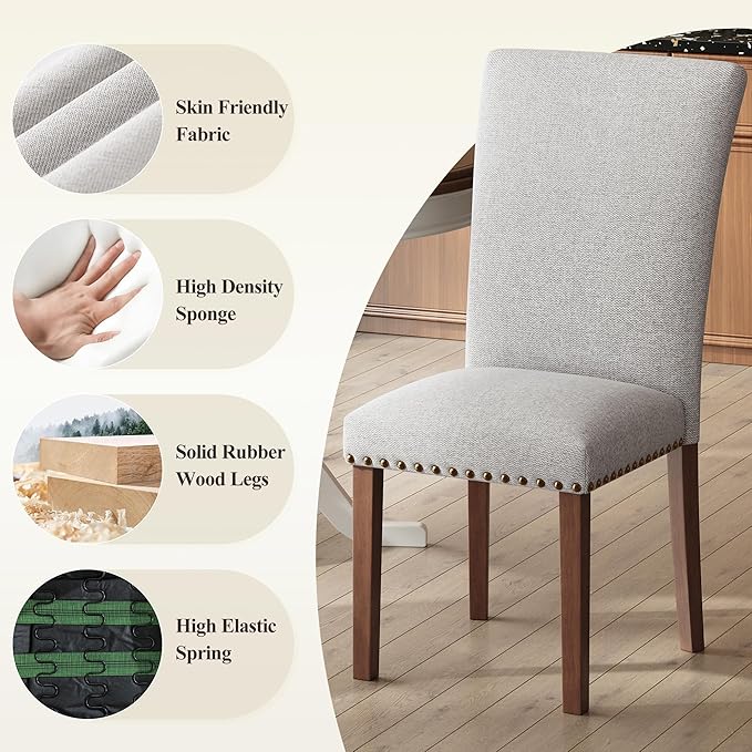 COLAMY Upholstered Parsons Dining Chairs Set of 4, Fabric Dining Room Kitchen Side Chair with Nailhead Trim and Wood Legs - Light Grey