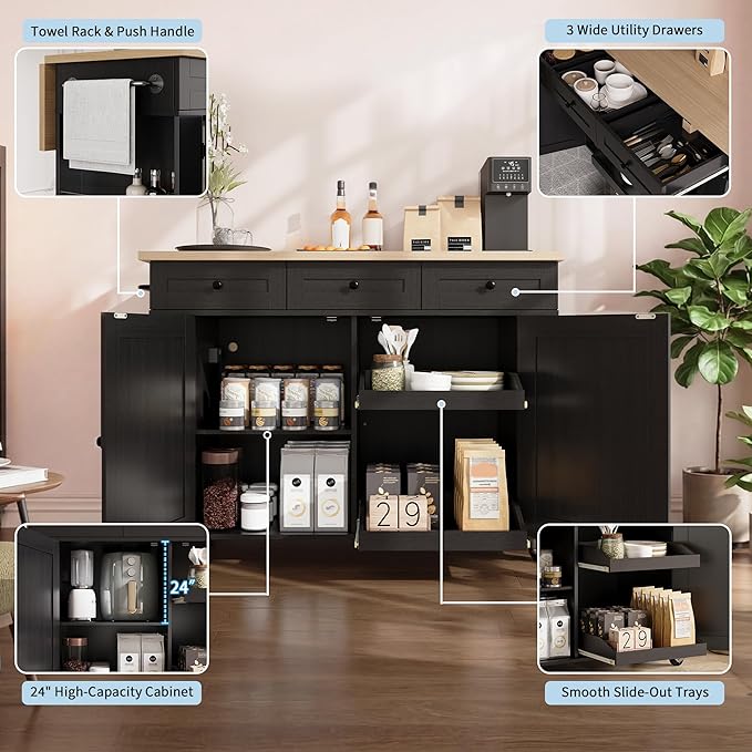 IDEALHOUSE Rolling Kitchen Island with Drop Leaf Countertop, Charging Station & Ample Storage - 47.2" Mobile Kitchen Cart On Wheels with Pull-Out Shelves, Drawers, Spice Rack & Organizer Divider