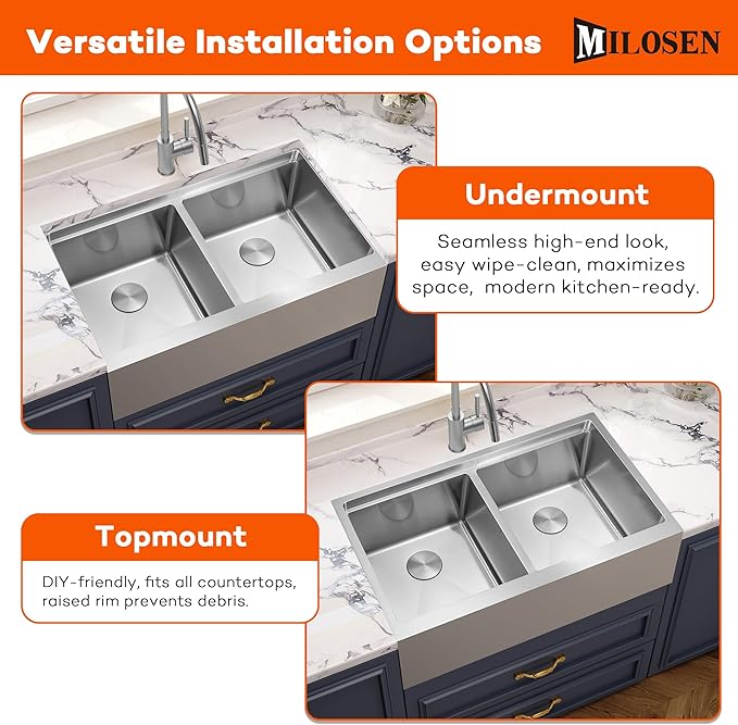 MILOSEN Farmhouse Kitchen Sink, 36''x22'' Drop-in/Undermount Double Bowl Workstation Apron Front Sink with Accessories, 50/50 Topmount Stainless Steel Farm Sinks, 10'' Large and Deep Handmade Sinks