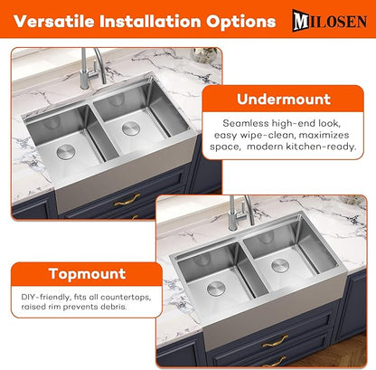 MILOSEN Farmhouse Kitchen Sink, 36''x22'' Drop-in/Undermount Double Bowl Workstation Apron Front Sink with Accessories, 50/50 Topmount Stainless Steel Farm Sinks, 10'' Large and Deep Handmade Sinks