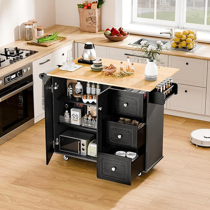 Rolling Kitchen Island Cart with Drop Leaf, Portable Kitchen Trolley with Storage Cabinet, Drawer, Shelf and Towel Bar, Breakfast Bar on Wheels for Home Use, Sleek Black