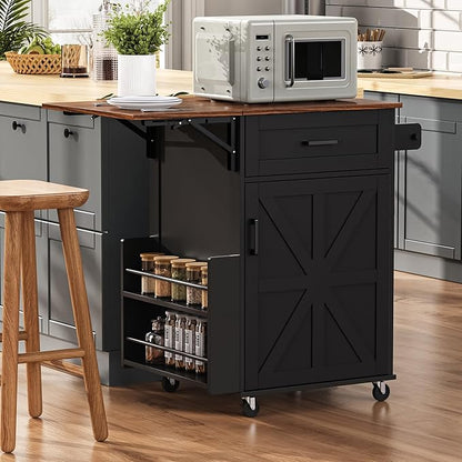 39.3" Farmhouse Kitchen Island with Drop Leaf and Open Side Rack, Small Kitchen Rolling Cart with Drawer and Storage Cabinet, Mobile Dining Table with Lockable Wheels and Towel Rack for Garden Black