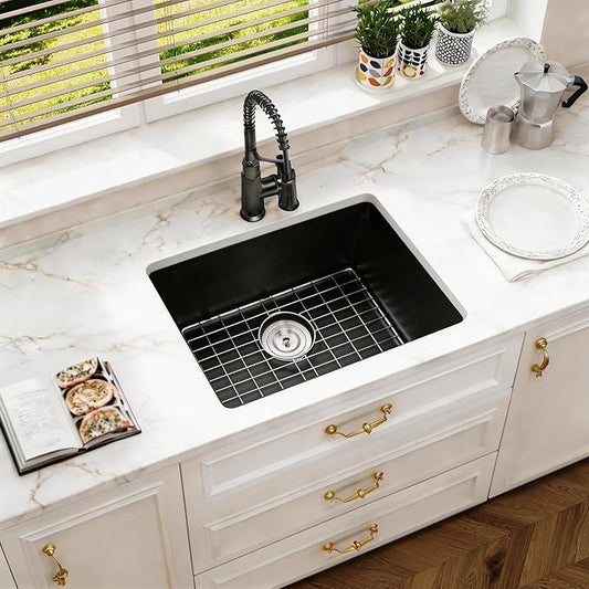 Kitsitchen Black Undermount Kitchen Sink, 23" x 18" Black Granite Composite Kitchen Sink with Drain Assembly & Bottom Gird, Small Quartz Stone Kitchen Sinks with Round Corner